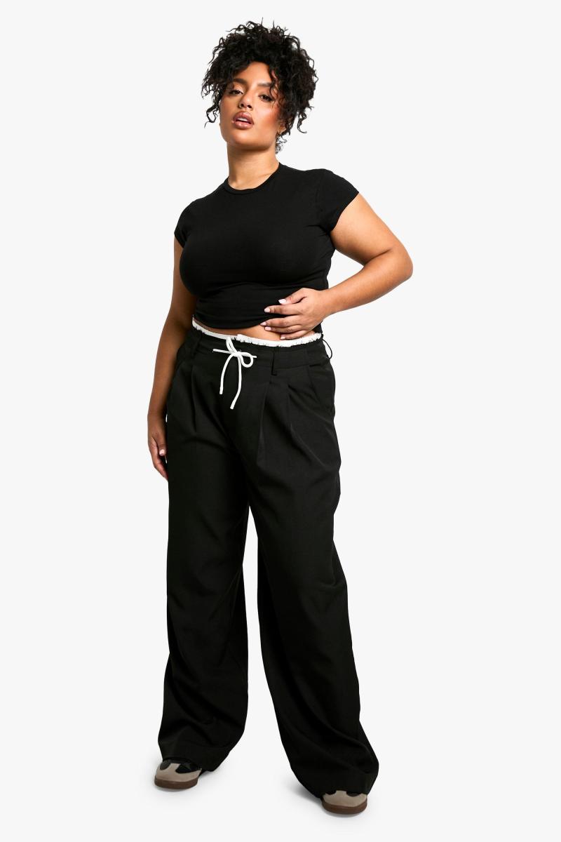 Плюс Fray Hem подвійна талія широкі ткані штани