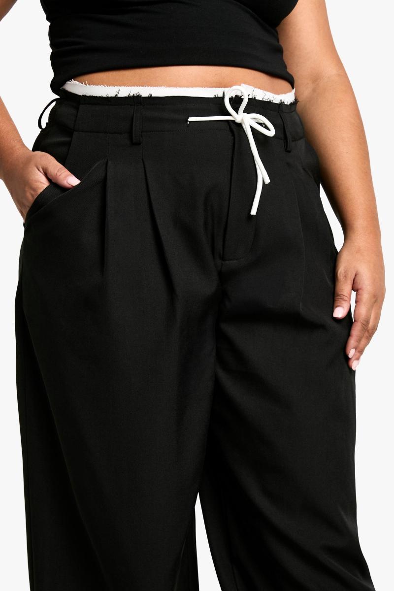 Плюс Fray Hem подвійна талія широкі ткані штани