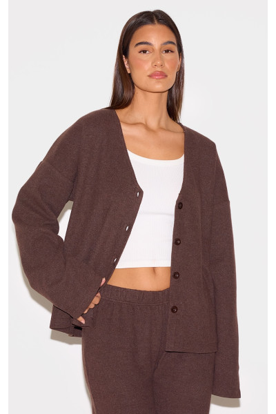 Коричневий важкий матовий ребро v шиї вгору кардиган