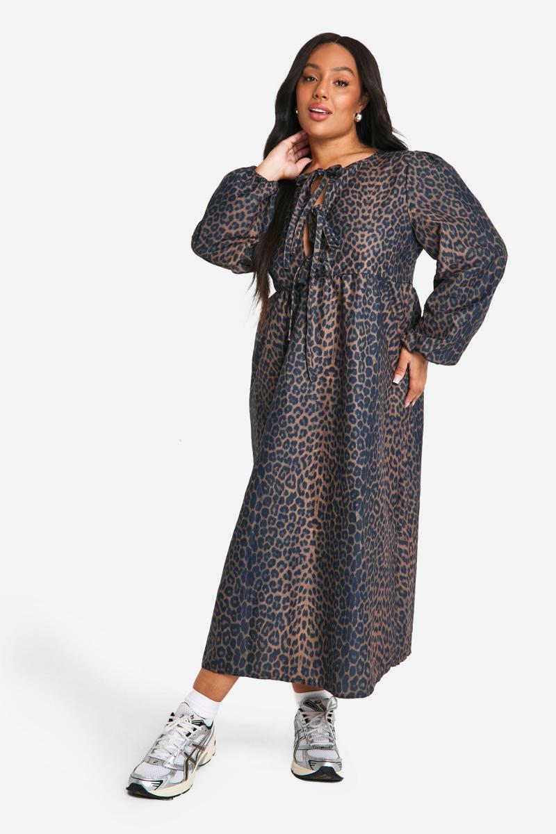 Плюс ткане плаття з леопардом міді