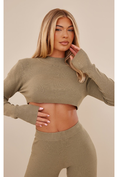 В'язаний укорочений джемпер з круглим вирізом кольору хакі