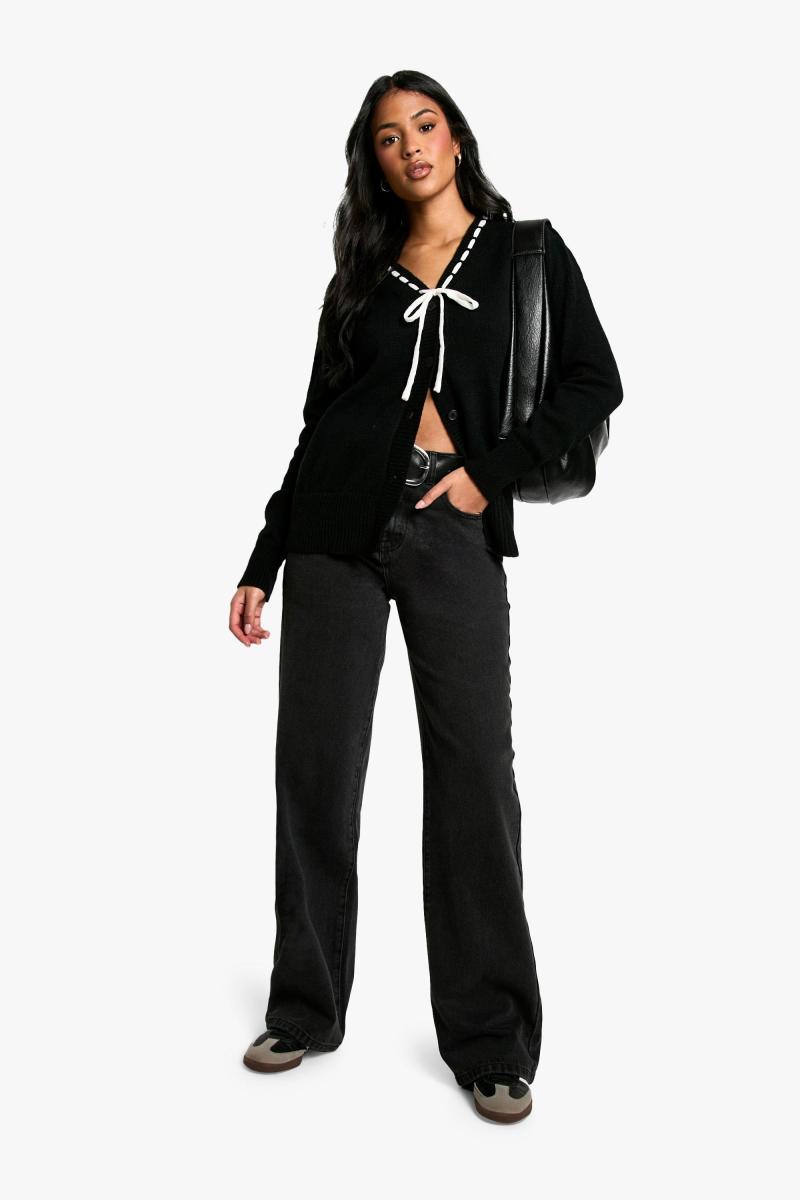 Високий в'язаний кардиган із контрастною стрічкою