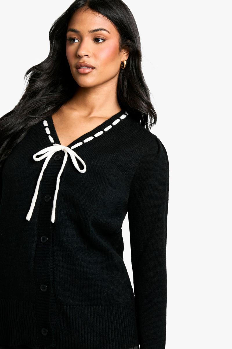 Високий в'язаний кардиган із контрастною стрічкою