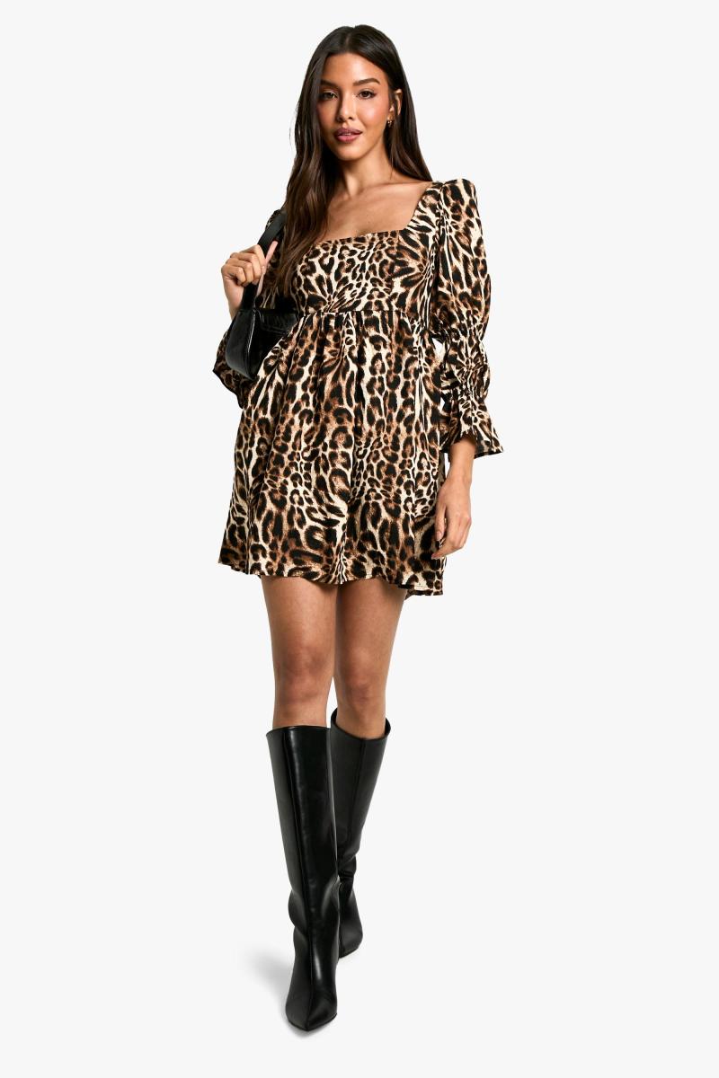 Leopard зібрана сукня з пуховим рукавом
