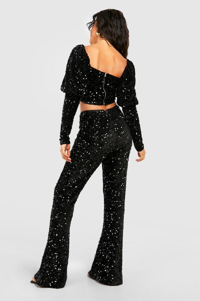 Оксамитові розкльошені штани з високою талією з паєтками
