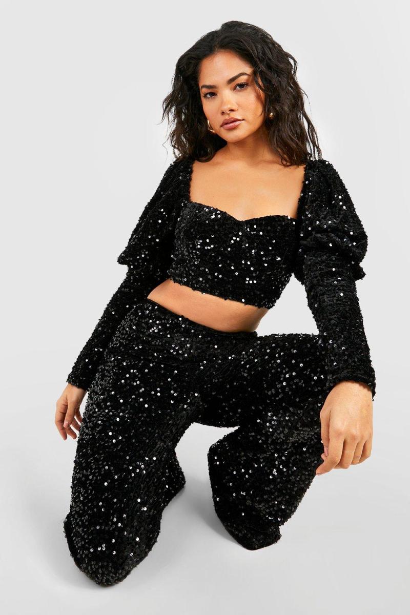 Оксамитові розкльошені штани з високою талією з паєтками