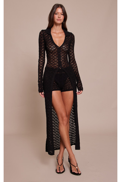 Чорний гачком в’язав максі кардиган