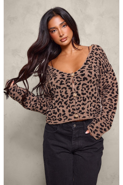 Маленький коричневий леопардовий друк в’язаний обрізаний кардиган