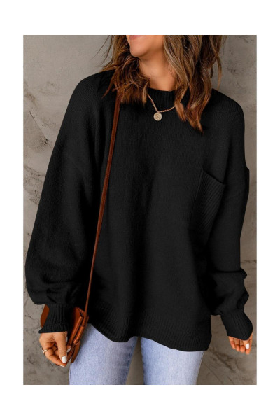 Чорний суцільний колір пухнастий рукав у кишеньковий светр