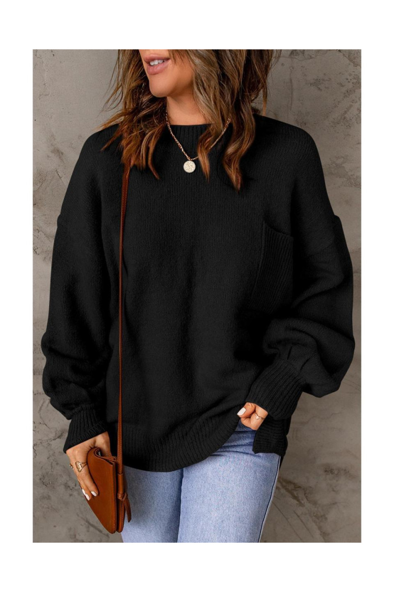 Чорний суцільний колір пухнастий рукав у кишеньковий светр
