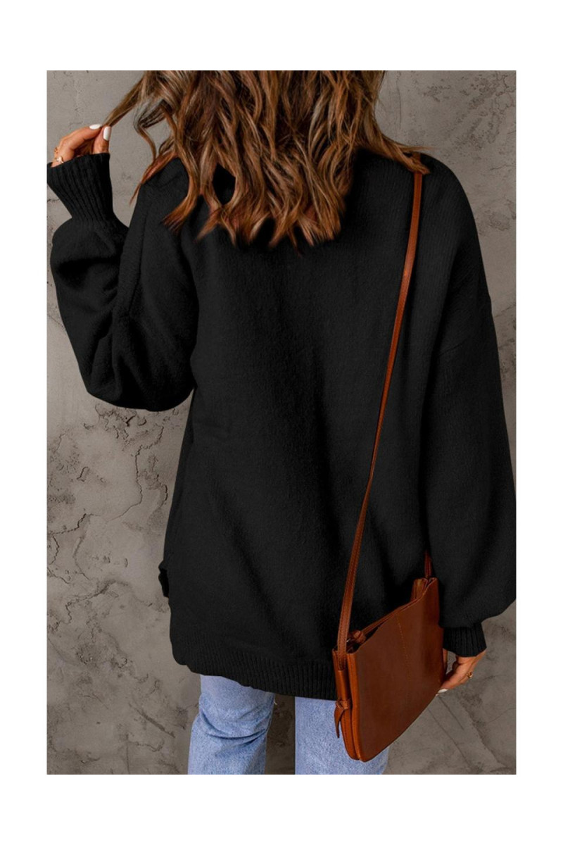Чорний суцільний колір пухнастий рукав у кишеньковий светр