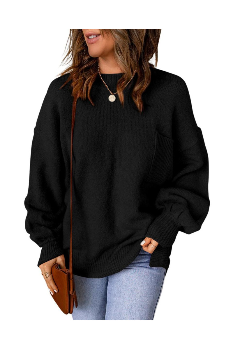 Чорний суцільний колір пухнастий рукав у кишеньковий светр