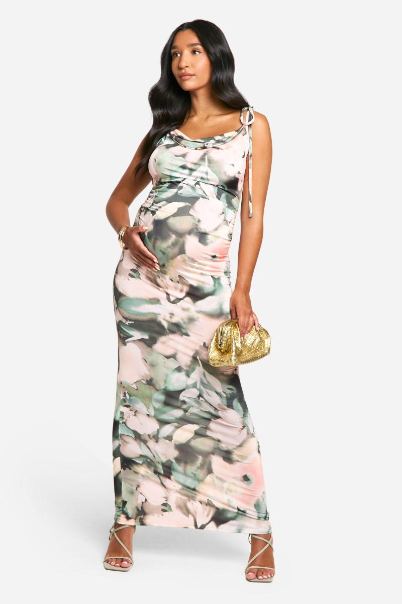 Емілі Шак материнство Слінкі квітковий принт Каула Шия Низька спинка Максі Сукня