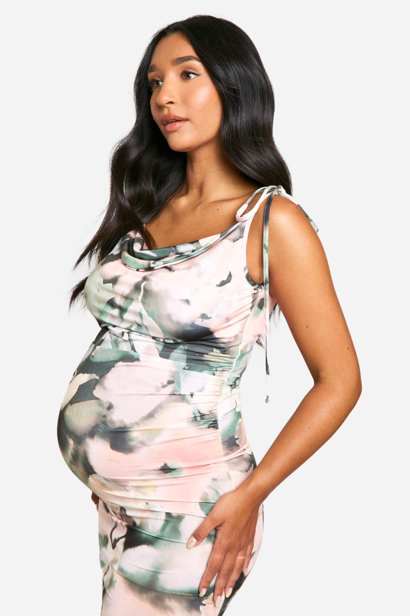 Емілі Шак материнство Слінкі квітковий принт Каула Шия Низька спинка Максі Сукня