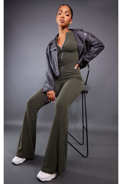 Двоколірні кльоші з високою талією в рубчик кольору мох хакі Двоколірні кльоші з високою талією в рубчик кольору мох хакі