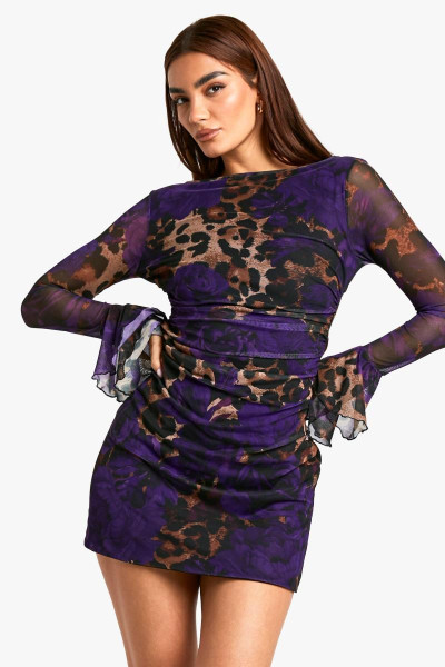 Міні -сукня з колами змішаного леопардового друку Міні -сукня з колами змішаного леопардового друку