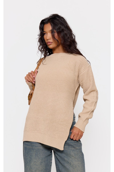 Джемпер із круглим вирізом із каменем і бічними розрізами