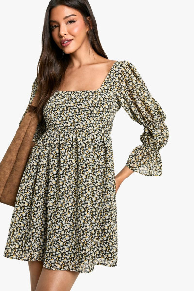 Квітковий зібраний сукня з пуховою рукавом Квітковий зібраний сукня з пуховою рукавом