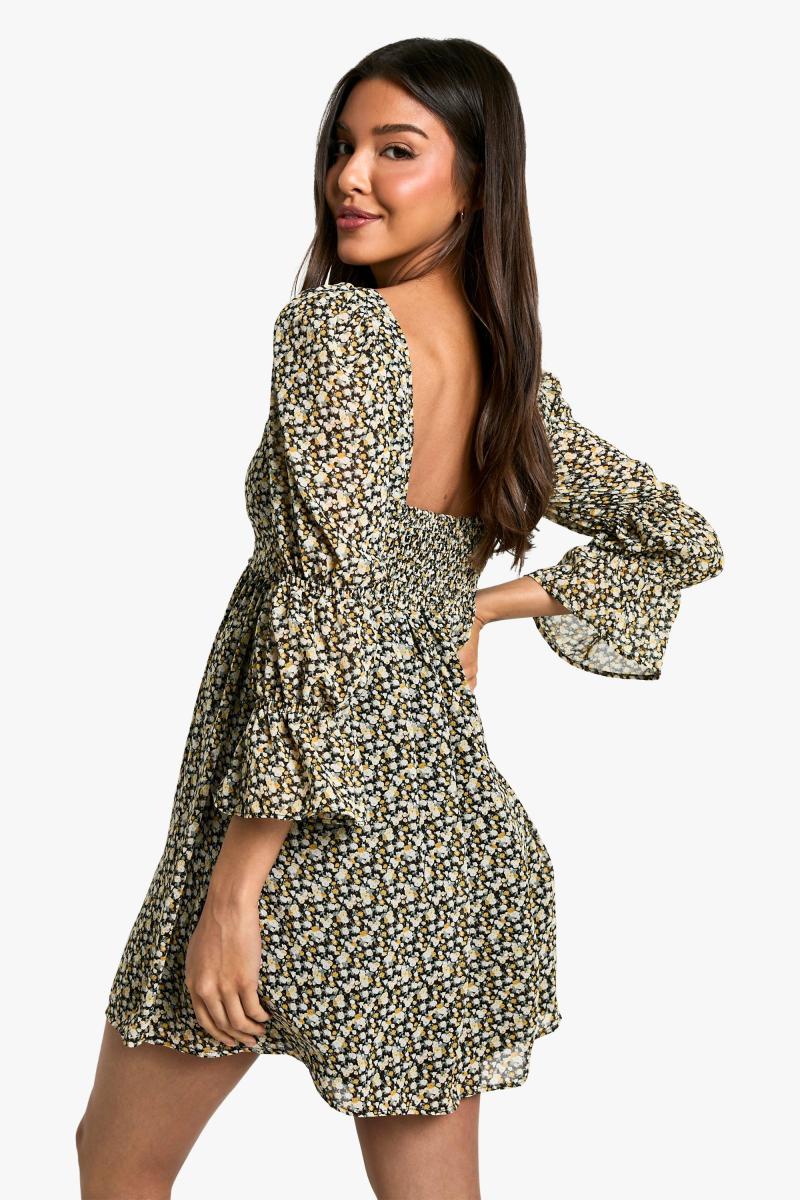 Квітковий зібраний сукня з пуховою рукавом