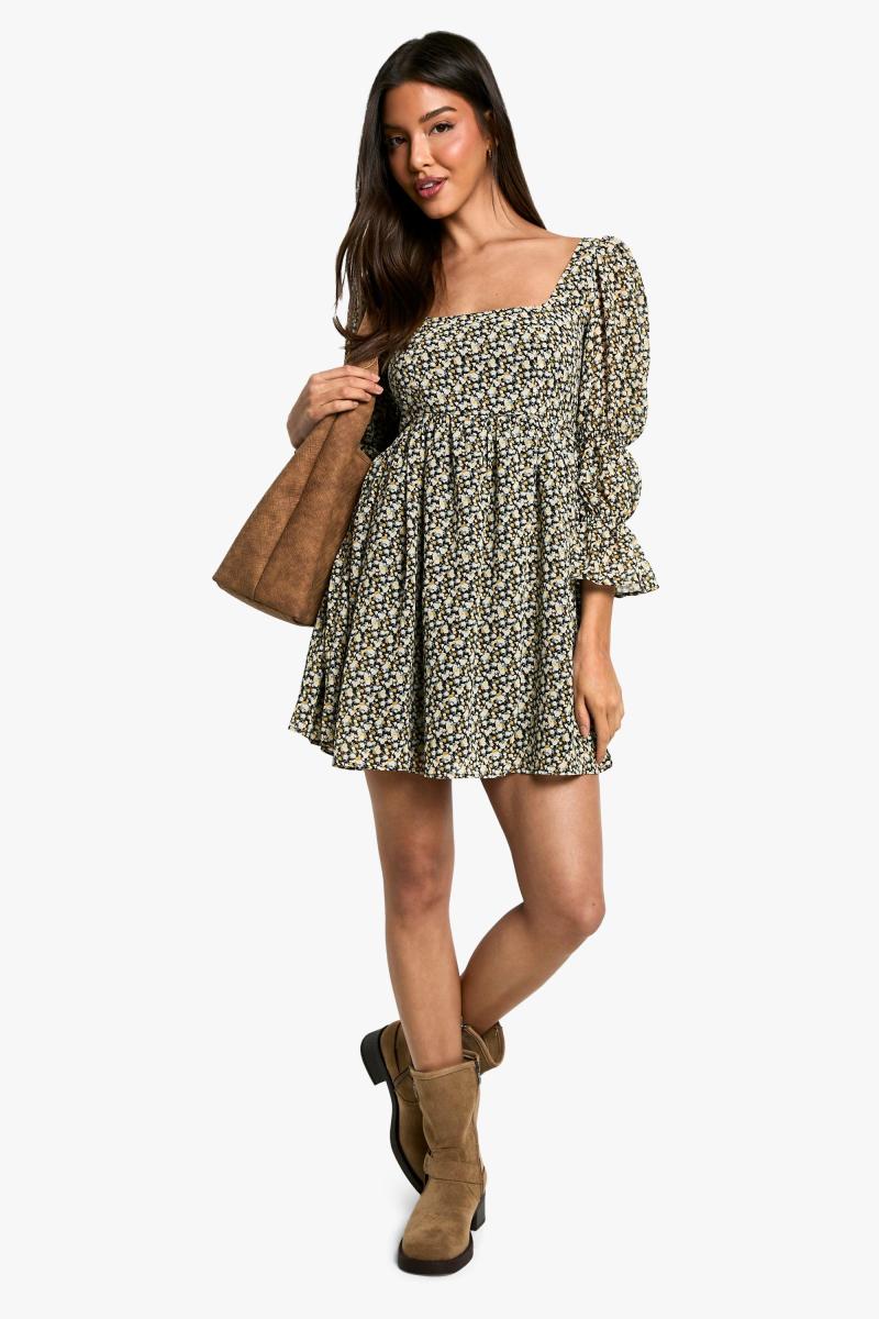 Квітковий зібраний сукня з пуховою рукавом