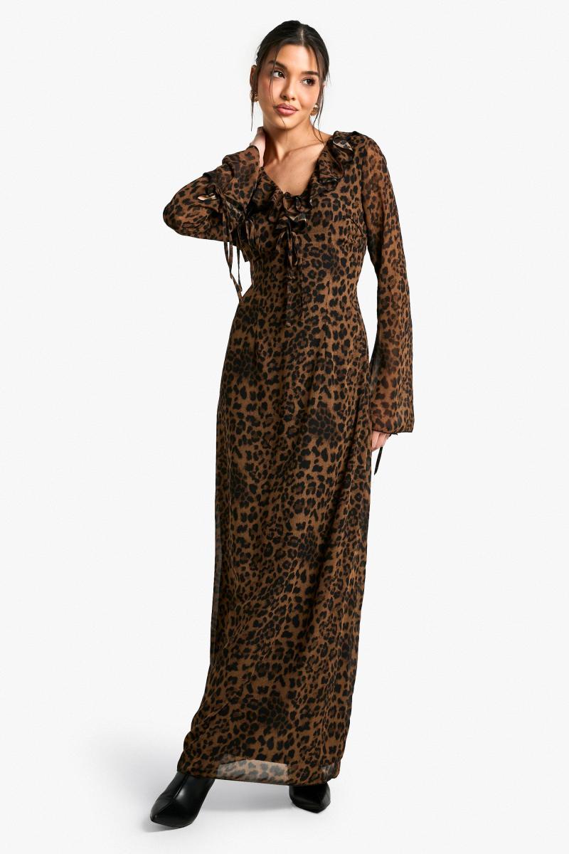 Leopard Chiffon Ruffle Shift Maxi