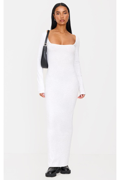 Бавовняна сукня-максі з квадратним вирізом і довгим рукавом із сірого марлу Бавовняна сукня-максі з квадратним вирізом і довгим рукавом із сірого марлу