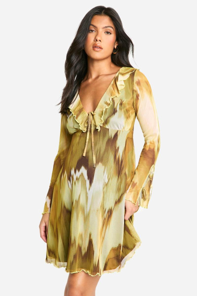 Материнська сітка абстрактна деталь для руйнування деталі з довгими рукавами міні -сукня Материнська сітка абстрактна деталь для руйнування деталі з довгими рукавами міні -сукня