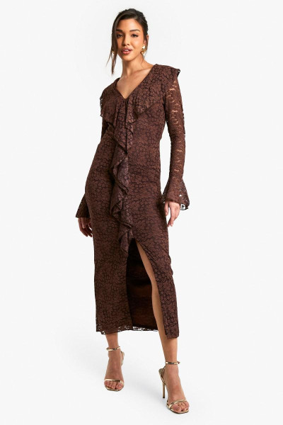 Мереживна сукня Midaxi з рюшами та кльошовими рукавами Мереживна сукня Midaxi з рюшами та кльошовими рукавами