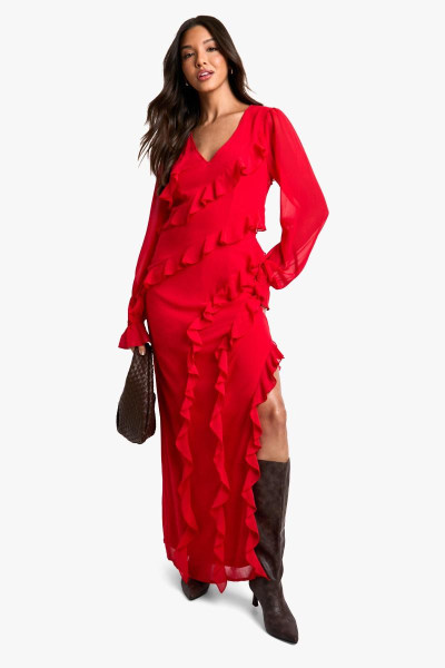 Ruffle довгий рукав із шифонового максі плаття Ruffle довгий рукав із шифонового максі плаття