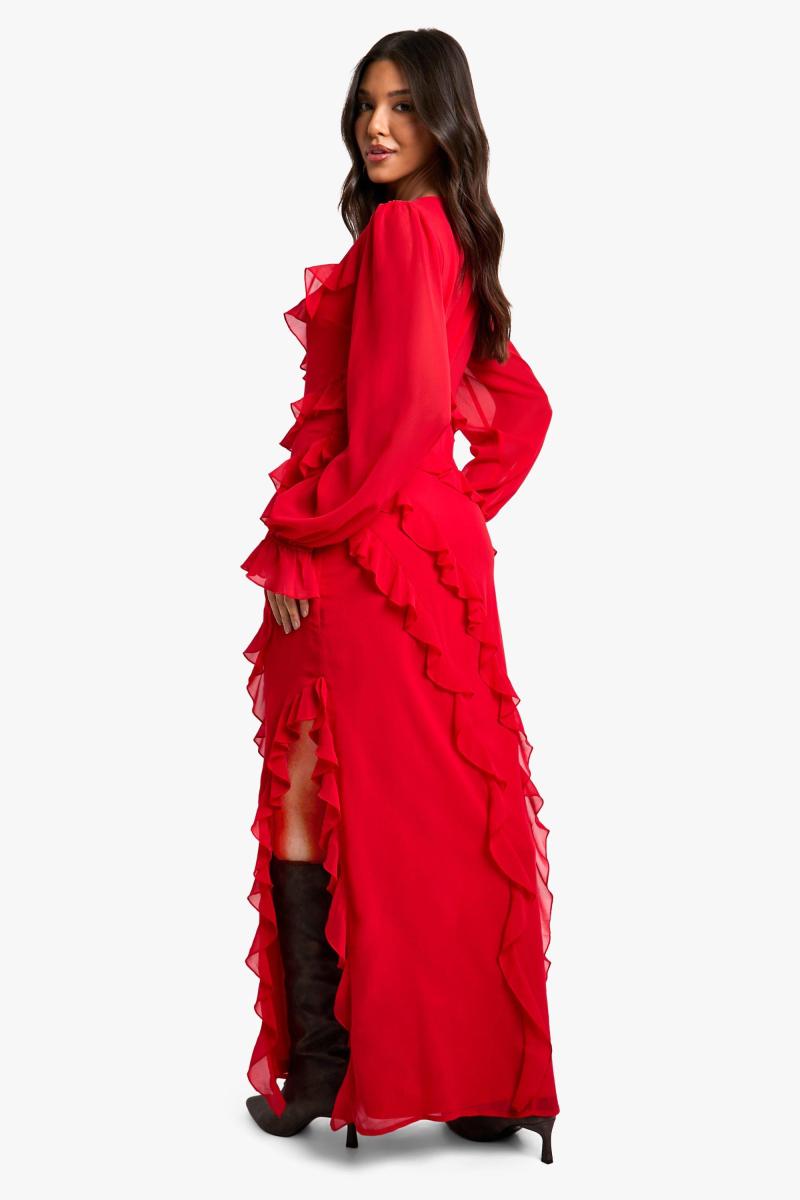Ruffle довгий рукав із шифонового максі плаття