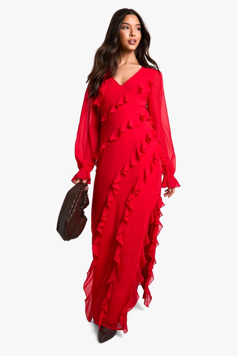 Ruffle довгий рукав із шифонового максі плаття