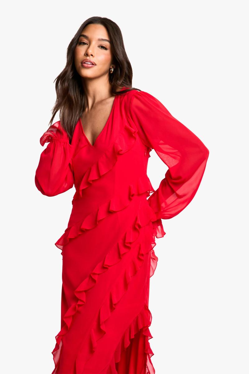 Ruffle довгий рукав із шифонового максі плаття