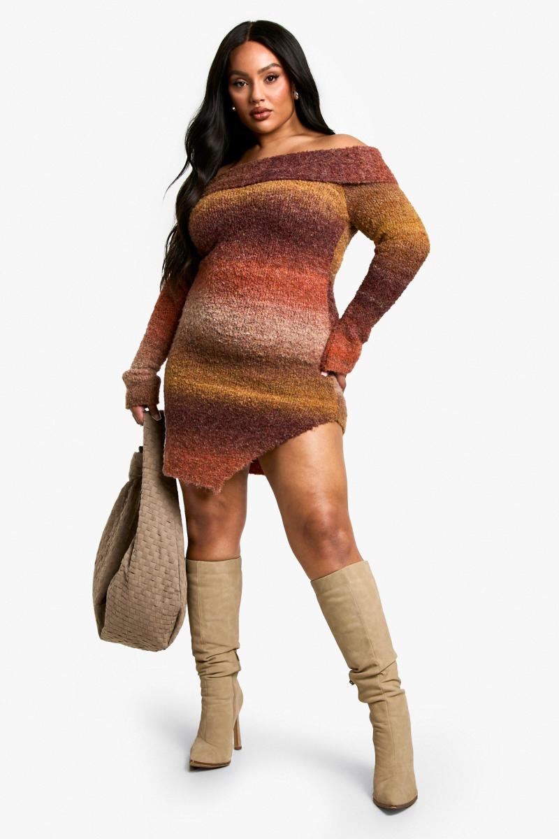 Плюс омбре пухнаста в’язана міні -сукня Bardot Mini