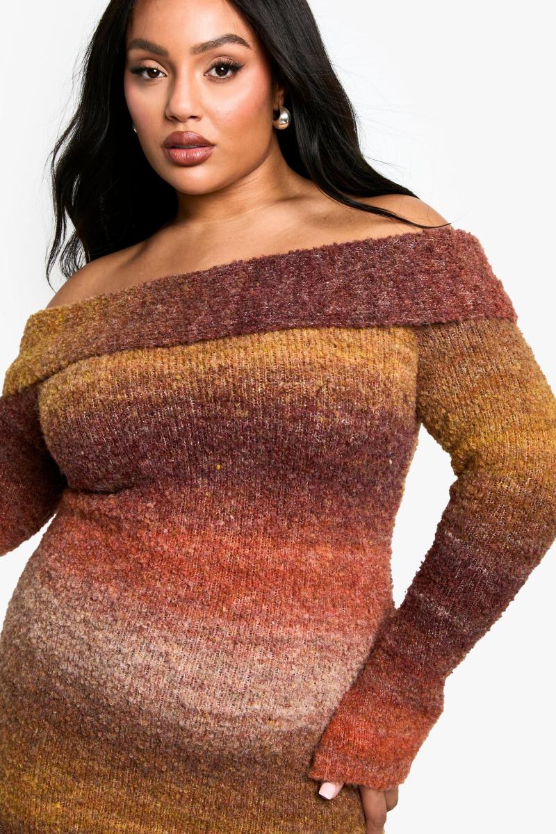 Плюс омбре пухнаста в’язана міні -сукня Bardot Mini