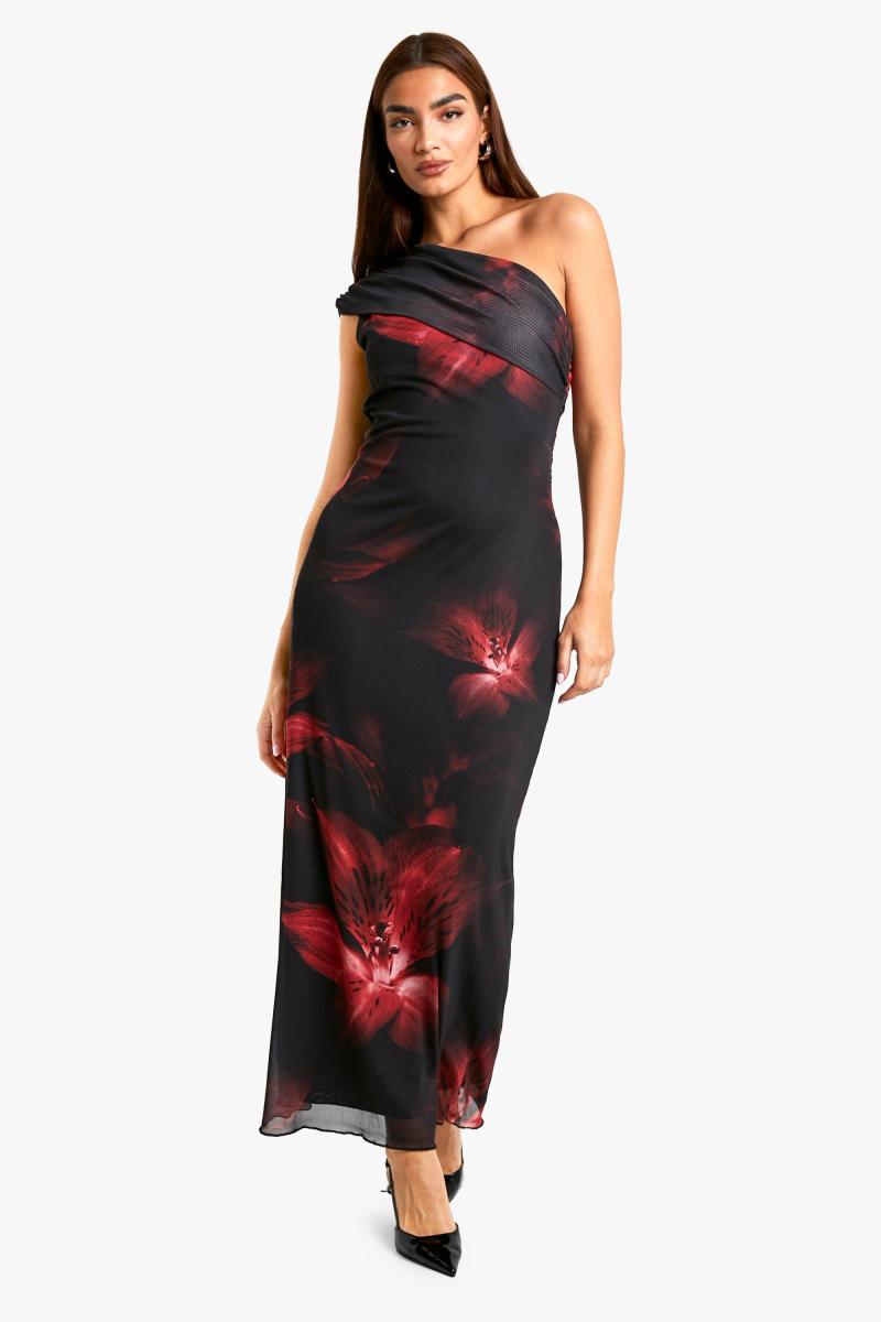 Складіть на одне плече квіткове сітчасте плаття максі