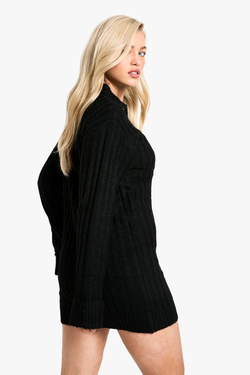 М’яке в’язане реберне на блискавці шия негабаритне міні -плаття