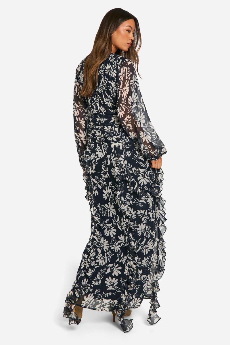 Високе квіткове плаття з шифонським рафінгом максі