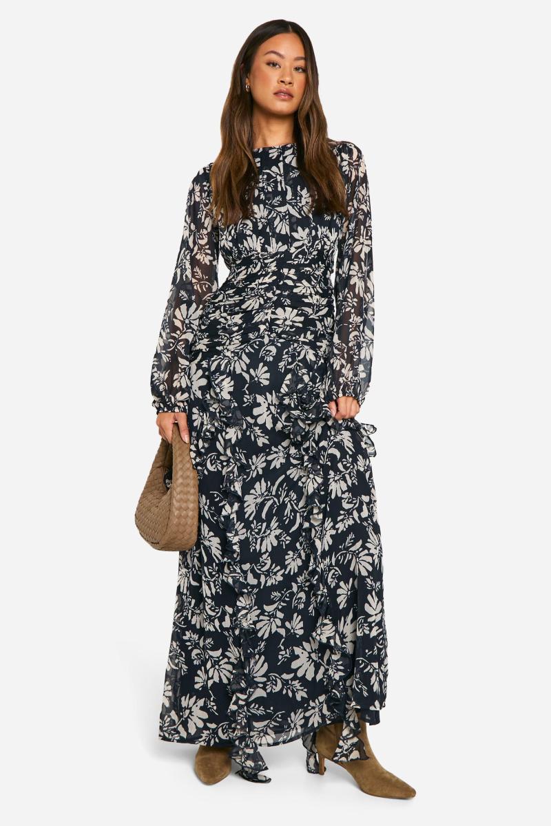 Високе квіткове плаття з шифонським рафінгом максі